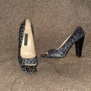 CASADEI-Italy-Peep Toe Pumps-Blue/Grey Leather Leopard Print-Sz 7-Excellent